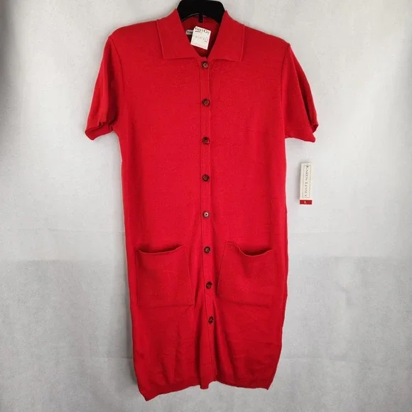 Karen Lessly | Dresses | Karen Lessly Knit Dress Red Sweater Size L New Nos  Button Front Pockets Vintage | Poshmark